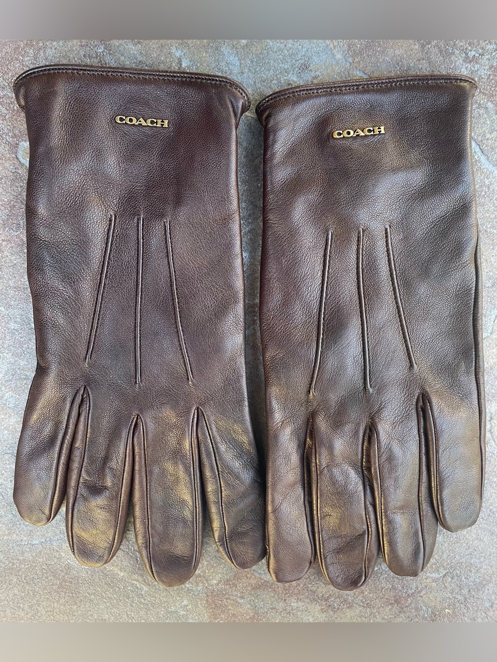 COACH Men's Maple Brown Leather Gloves with wrist COACH Logo - Size Large - Picture 2 of 6